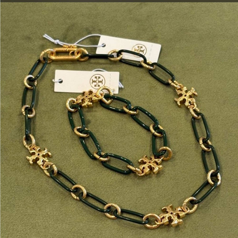 Tory Burch Dark Green Enamel and Gold Link Necklace and Bracelet Set
